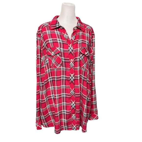 Torrid Pink Plaid Button Up Long Sleeve Lightweight Camp Shirt Size 1 1X - Picture 3 of 7